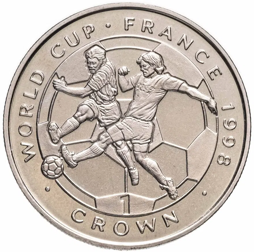 Остров Мэн 1 крона (crown) 1998  Чемпионат мира по футболу 1998, Франция /удар ногой по мячу/, реверс