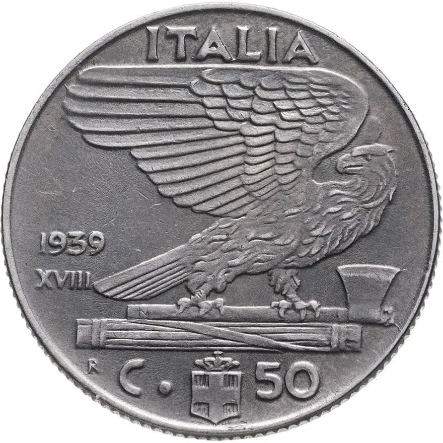 Италия 50 чентезимо (centesimi) 1939  Не магнетик, ребристый гурт 1939 - XVIII, реверс