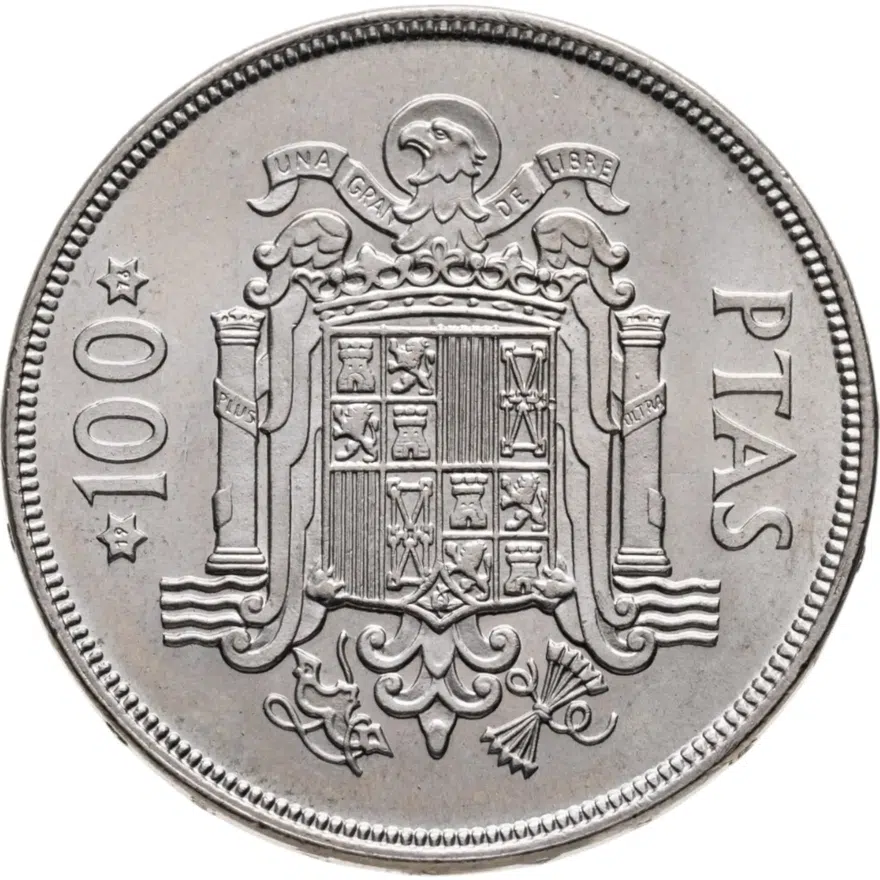 Испания 100 песет (pesetas) 1975, 1976 внутри звезд, реверс