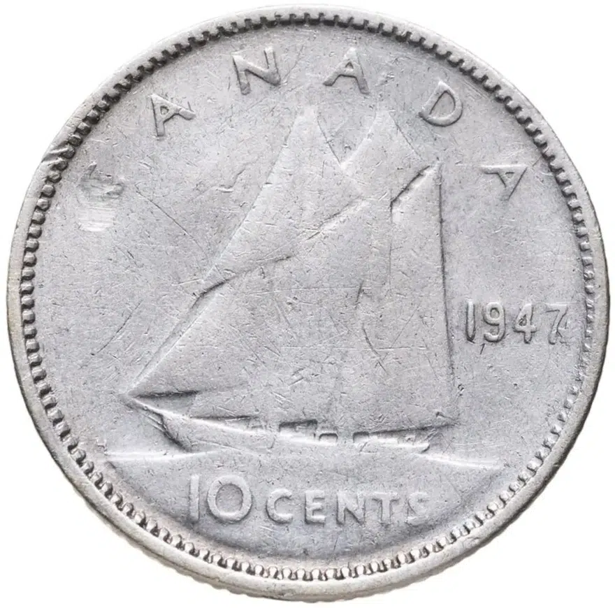 Канада 10 центов (cents) 1947 Кленовый лист  знак монетного двора: "Кленовый лист" сразу после года, аверс
