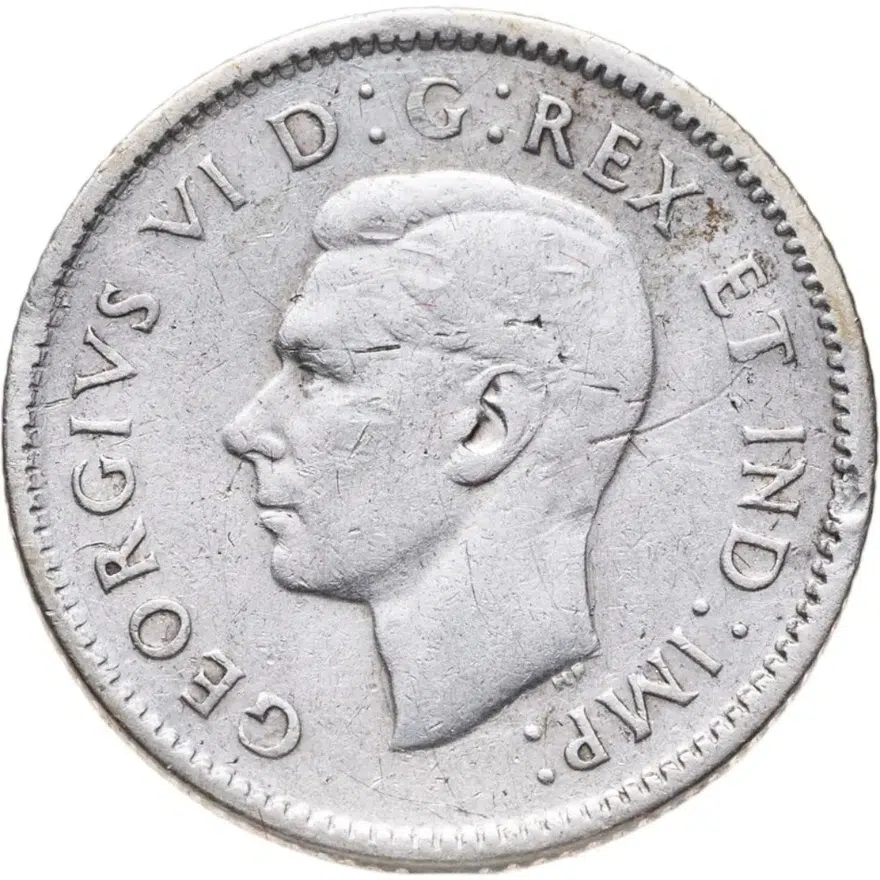 Канада 10 центов (cents) 1947 Кленовый лист  знак монетного двора: "Кленовый лист" сразу после года, реверс