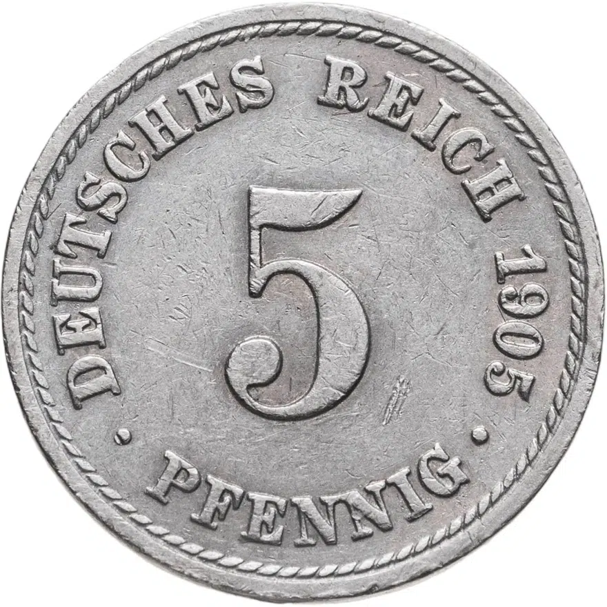 Германия 5 пфеннигов (pfennig) 1905 A  знак монетного двора: "A" - Берлин, аверс