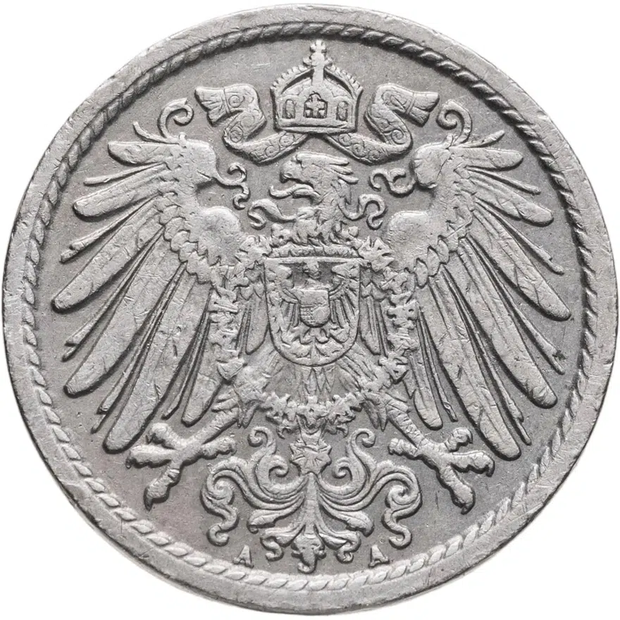 Германия 5 пфеннигов (pfennig) 1905 A  знак монетного двора: "A" - Берлин, реверс