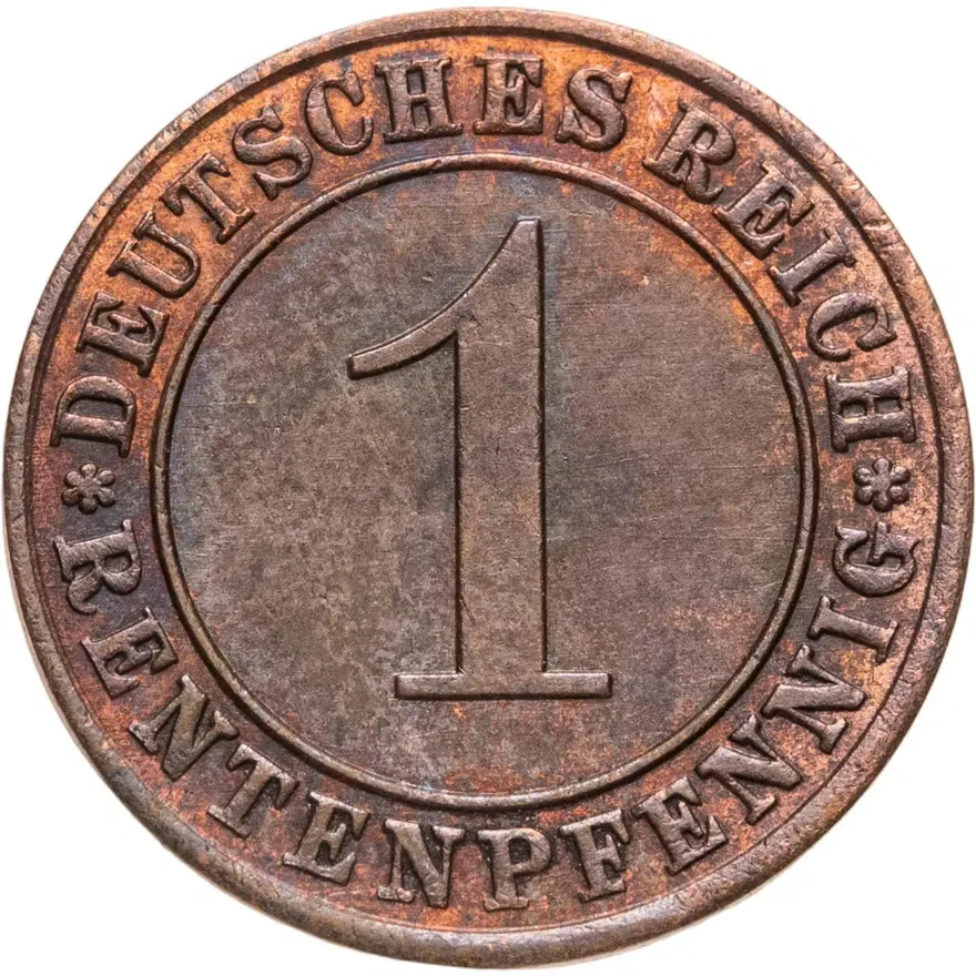 Германия 1 пфенниг (рентенпфенниг, rentenpfennig) 1923 A  знак монетного двора "A" — Берлин