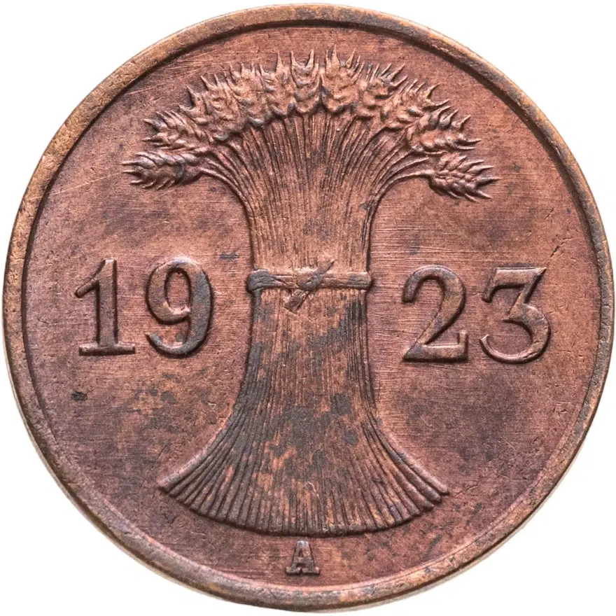 Германия 1 пфенниг (рентенпфенниг, rentenpfennig) 1923 A  знак монетного двора "A" — Берлин, реверс