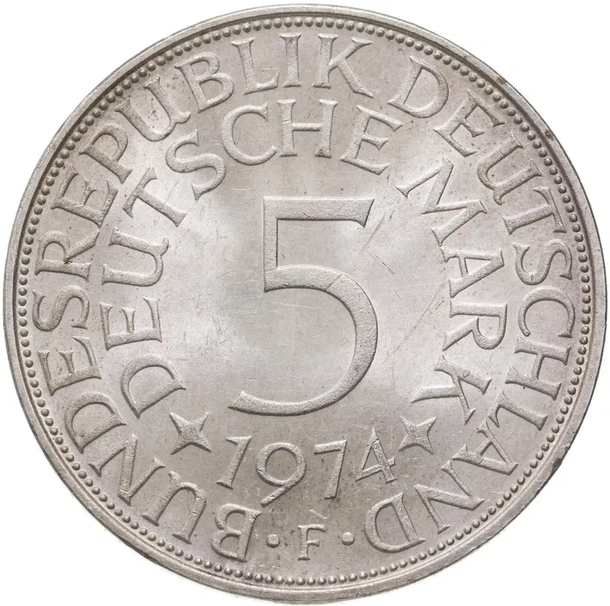 Германия 5 марок (deutsche mark) 1974 F  знак монетного двора: "F" - Штутгарт