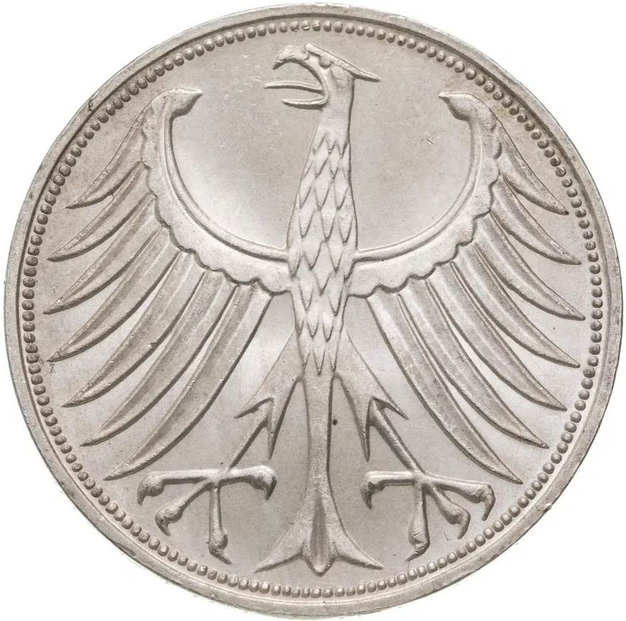 Германия 5 марок (deutsche mark) 1974 F  знак монетного двора: "F" - Штутгарт, реверс
