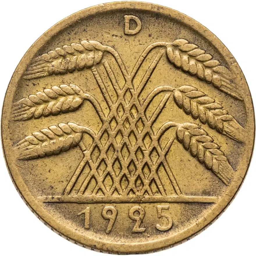Германия 10 рейхспфеннигов (reichspfennig) 1925 D  знак монетного двора "D" — Мюнхен