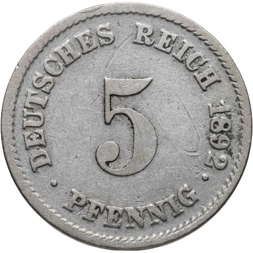 Германия 5 пфеннигов (pfennig) 1892 G  знак монетного двора: "G" - Карлсруэ, аверс