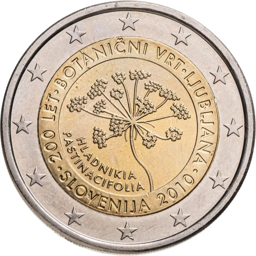 Словения 2 евро 2010 200 лет Ботаническому саду Любляны, реверс