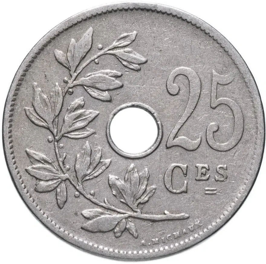 Бельгия 25 сантимов (centimes) 1908   Надпись на французском - 'BELGIQUE'