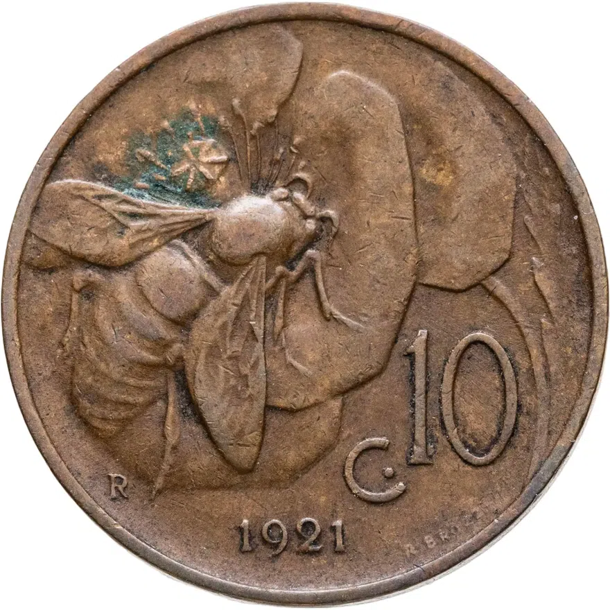Италия 10 чентезимо (centesimi) 1921, реверс