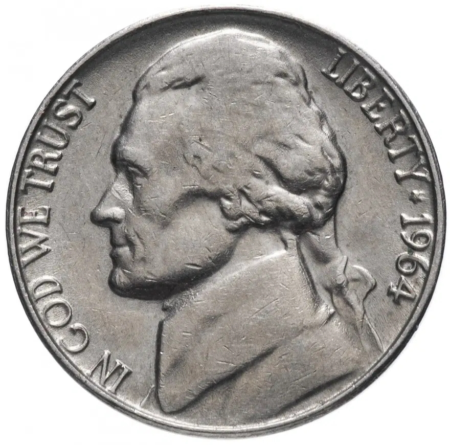 США 5 центов (cents) 1964 "Jefferson Nickel (Джефферсон)" "D", аверс