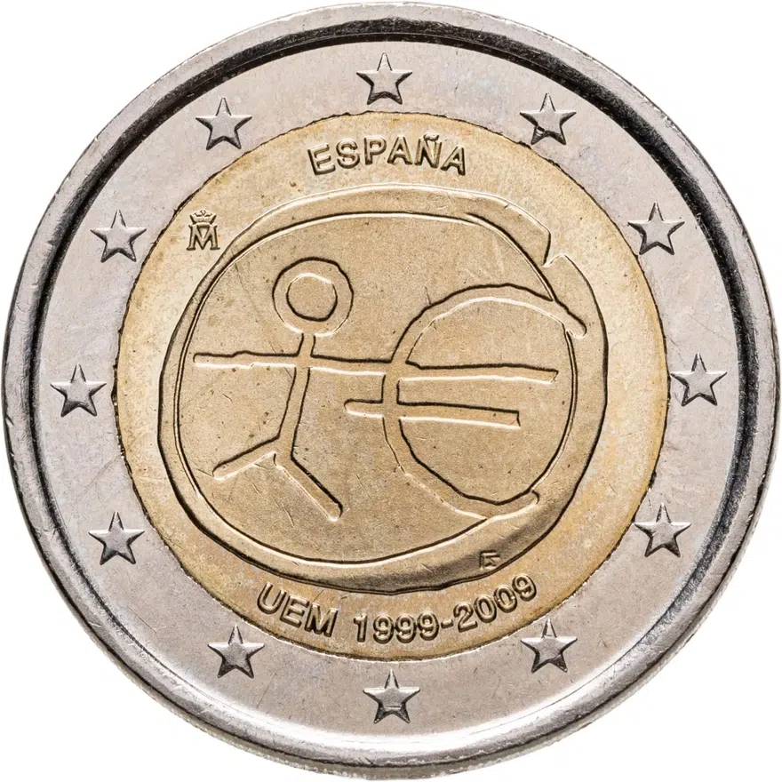 Испания 2 евро (euro) 2009 10 лет монетарной политики ЕС (EMU) и введения евро, аверс