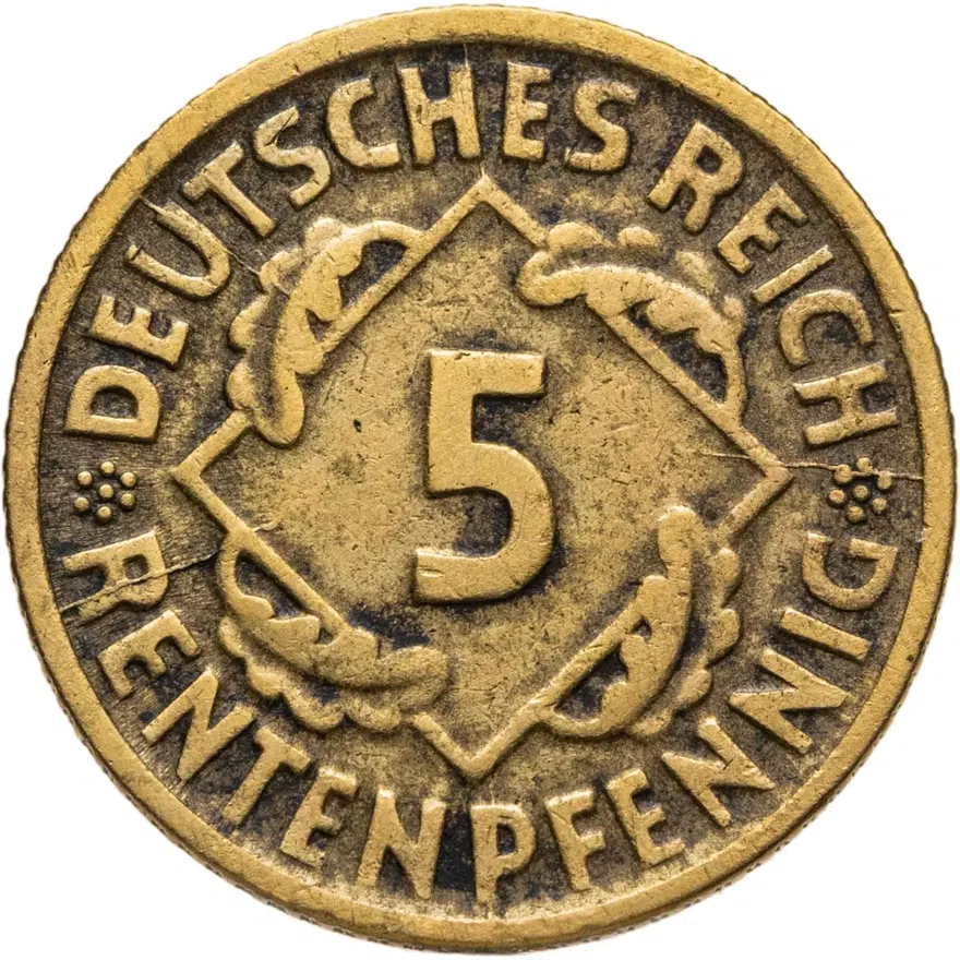 Германия 5 пфеннигов (рентенпфеннигов, rentenpfennig) 1924-1936 случайный монетный двор, реверс