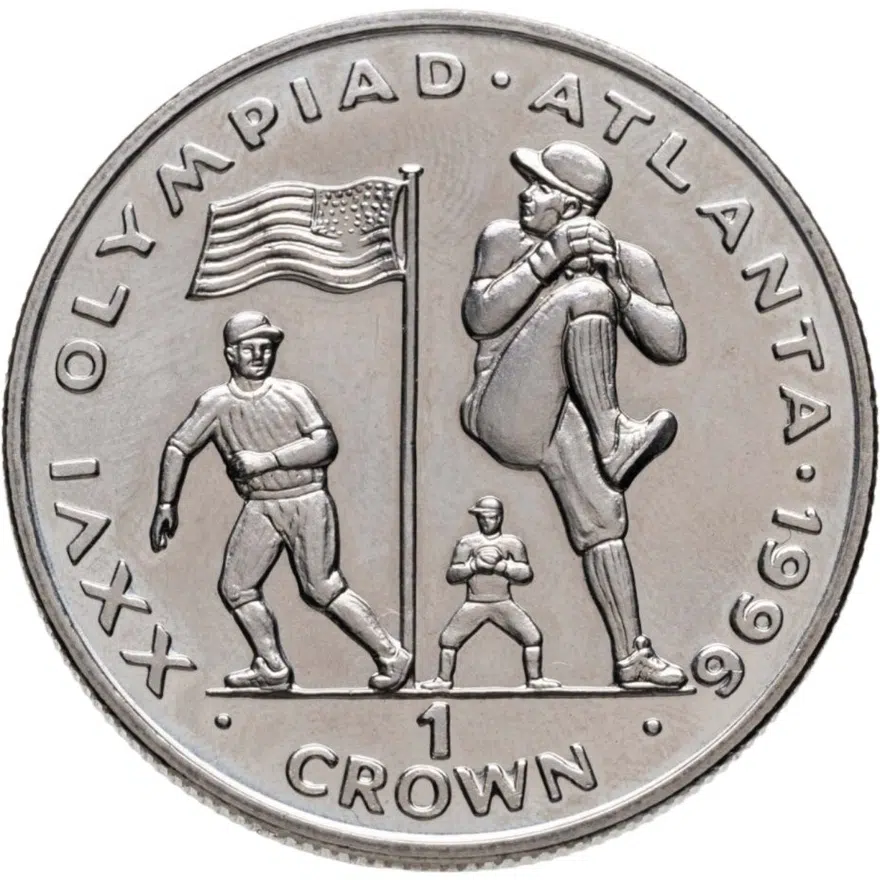 Гибралтар 1 крона (crown) 1996 XXVI Летние Олимпийские игры, Атланта 1996 - Бейсбол, реверс