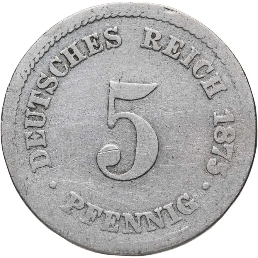 Германия 5 пфеннигов (pfennig) 1875 D  знак монетного двора: "D" - Мюнхен