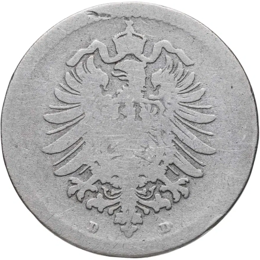 Германия 5 пфеннигов (pfennig) 1875 D  знак монетного двора: "D" - Мюнхен, реверс