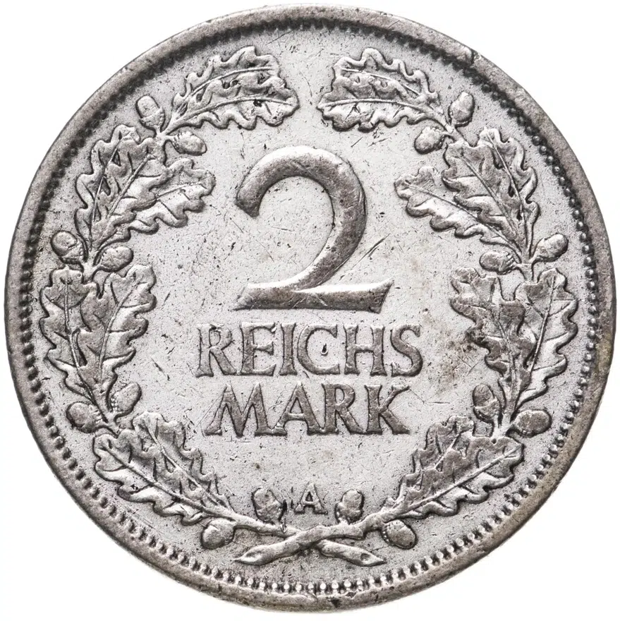 Германия 2 рейхсмарки (reichsmark) 1925 A  знак монетного двора "A" — Берлин