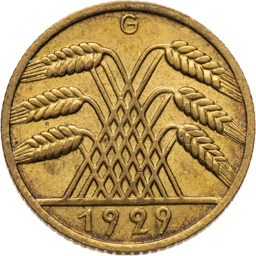 Германия 10 рейхспфеннигов (reichspfennig) 1929 G  знак монетного двора "G" — Карлсруэ