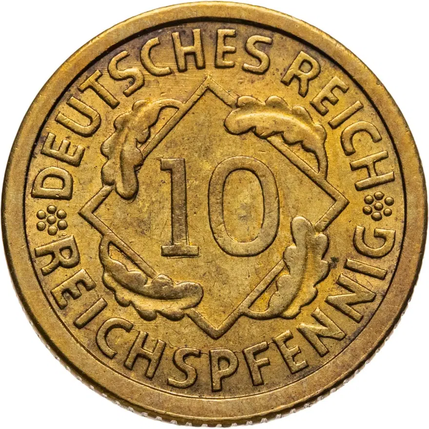 Германия 10 рейхспфеннигов (reichspfennig) 1929 G  знак монетного двора "G" — Карлсруэ, реверс