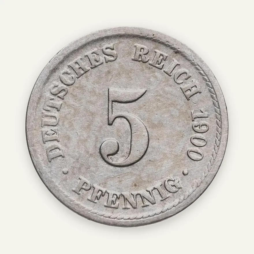 Германия 5 пфеннигов (pfennig) 1900 A  знак монетного двора: "A" - Берлин, аверс