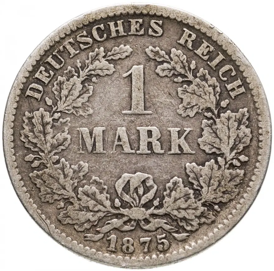 Германия 1 марка (mark) 1875 F  знак монетного двора: "F" - Штутгарт