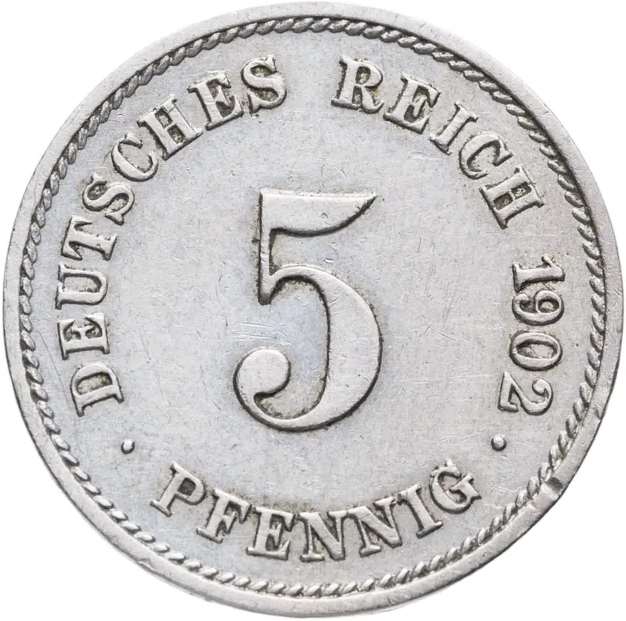 Германия 5 пфеннигов (pfennig) 1902 G  знак монетного двора: "G" - Карлсруэ, аверс