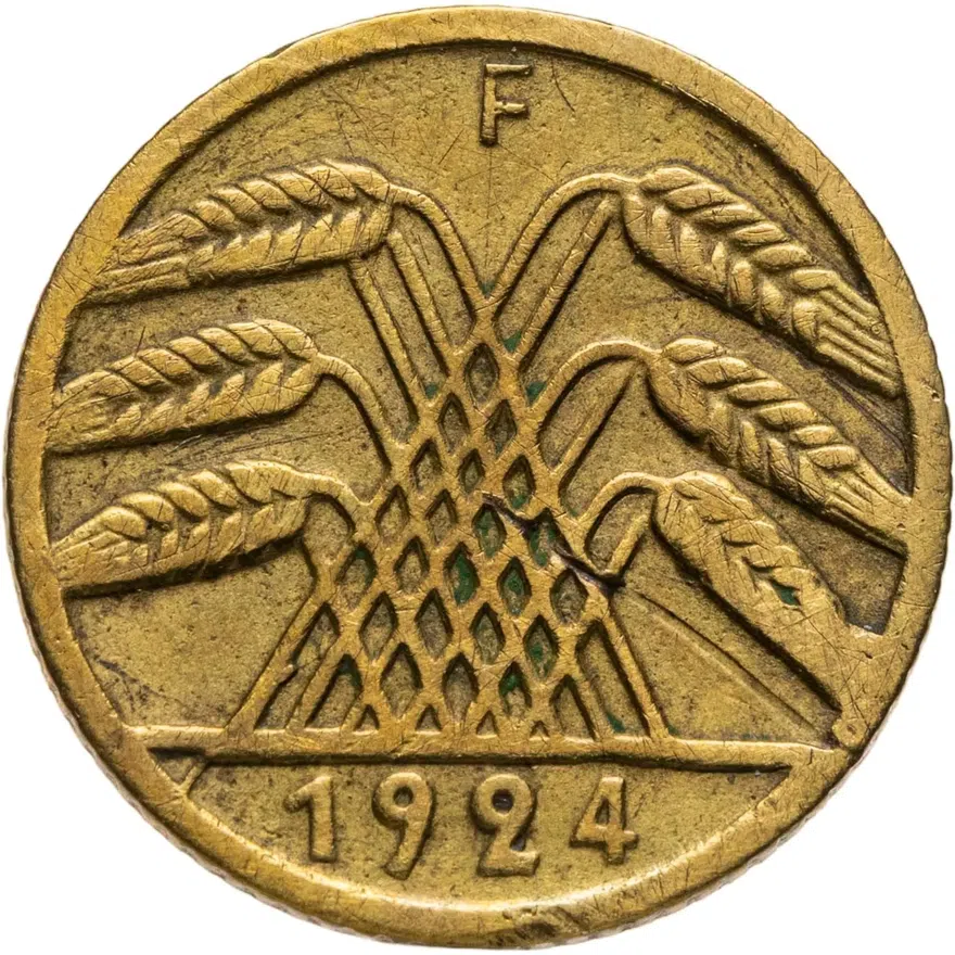 Германия 5 рентных пфеннигов (rentenpfennig) 1924 F  знак монетного двора "F" — Штутгарт