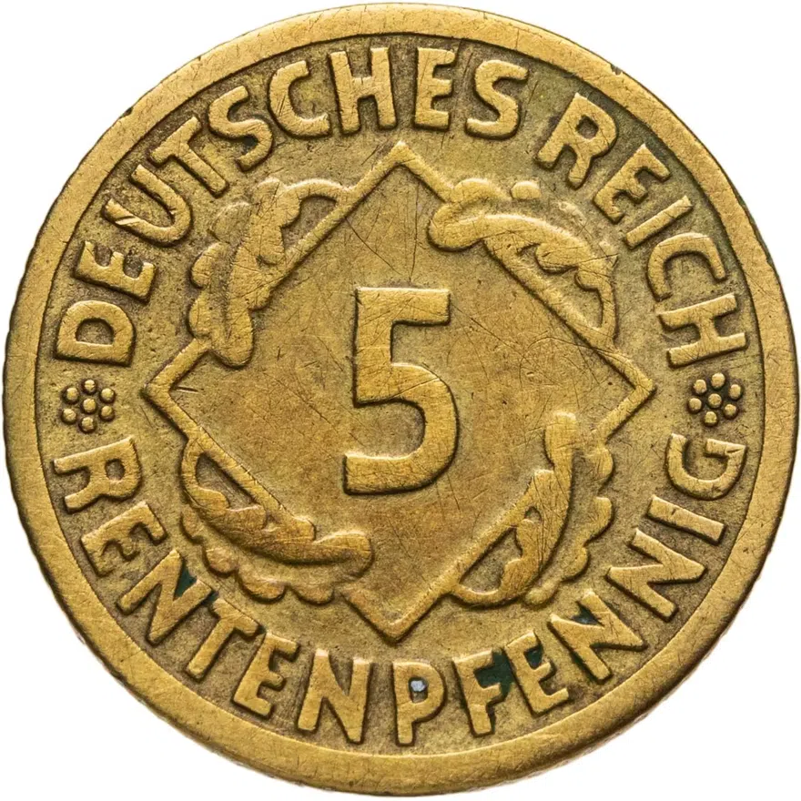 Германия 5 рентных пфеннигов (rentenpfennig) 1924 F  знак монетного двора "F" — Штутгарт, реверс