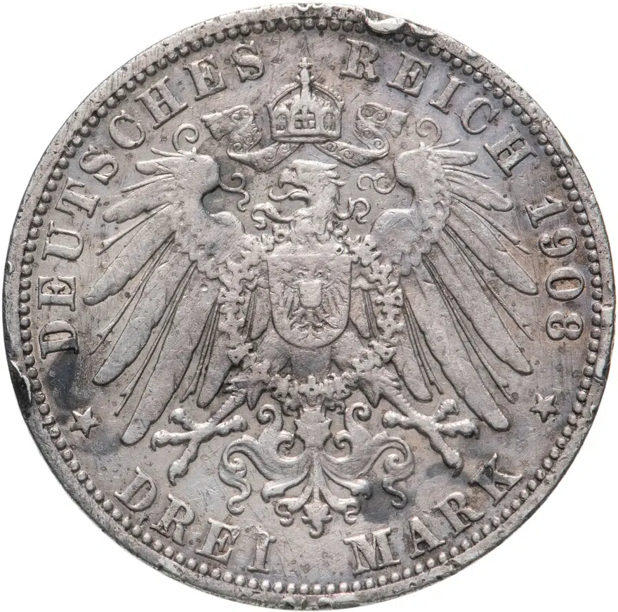 Германия (Империя) 3 марки (mark) 1908 G  Баден, реверс