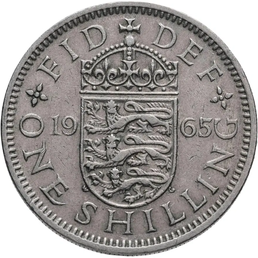 Великобритания 1 шиллинг (shilling) 1965  Английский герб - 3 льва внутри коронованного щита, реверс