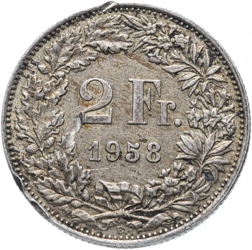 Швейцария 2 франка (francs) 1958, реверс