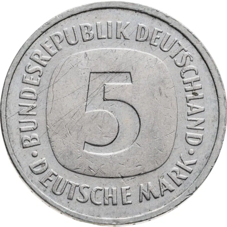 Германия 5 марок 1988 отметка монетного двора "F" - Штутгарт, аверс