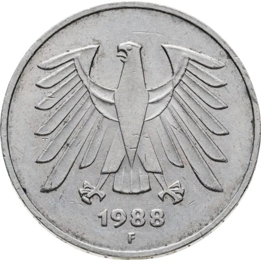 Германия 5 марок 1988 отметка монетного двора "F" - Штутгарт, реверс