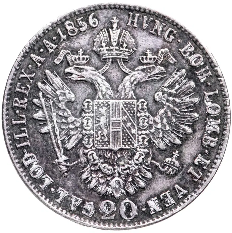 Австрия 20 крейцеров (kreuzer) 1856 B  знак монетного двора "B" - Кремница, реверс