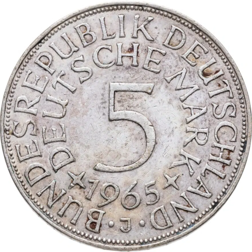 Германия 5 марок (mark) 1965 J  знак монетного двора: "J" - Гамбург