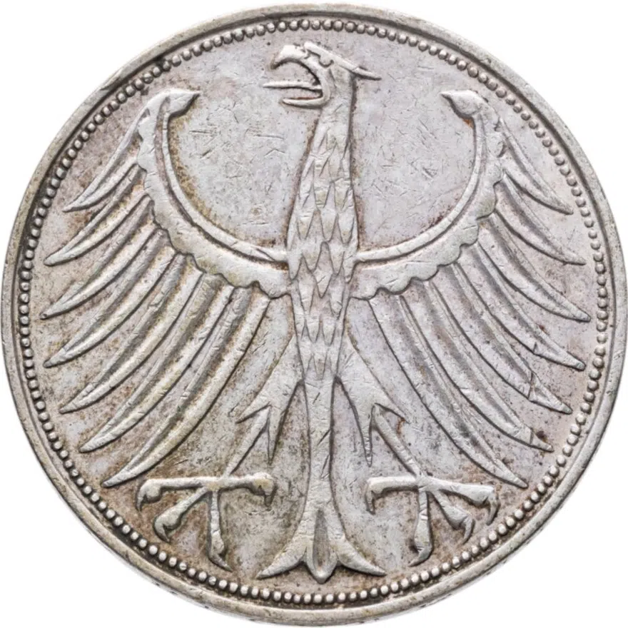 Германия 5 марок (mark) 1965 J  знак монетного двора: "J" - Гамбург, реверс