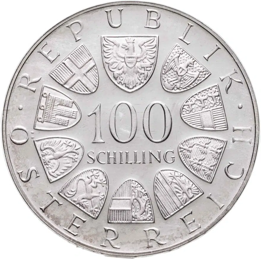 Австрия 100 шиллингов (shillings) 1976   "200 лет Бургтеатру", реверс