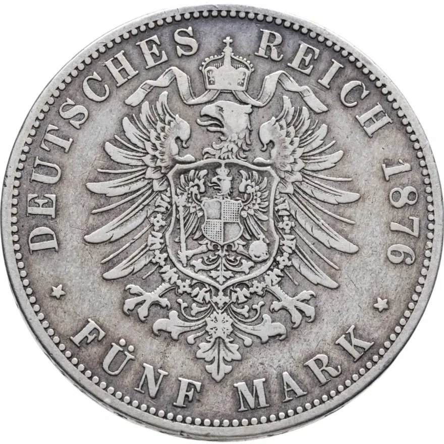 Германия (Империя) 5 марок (mark) 1876 A  знак монетного двора: "A" - Берлин, реверс