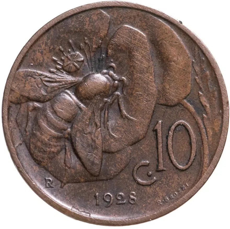 Италия 10 чентезимо (centesimi) 1928, аверс