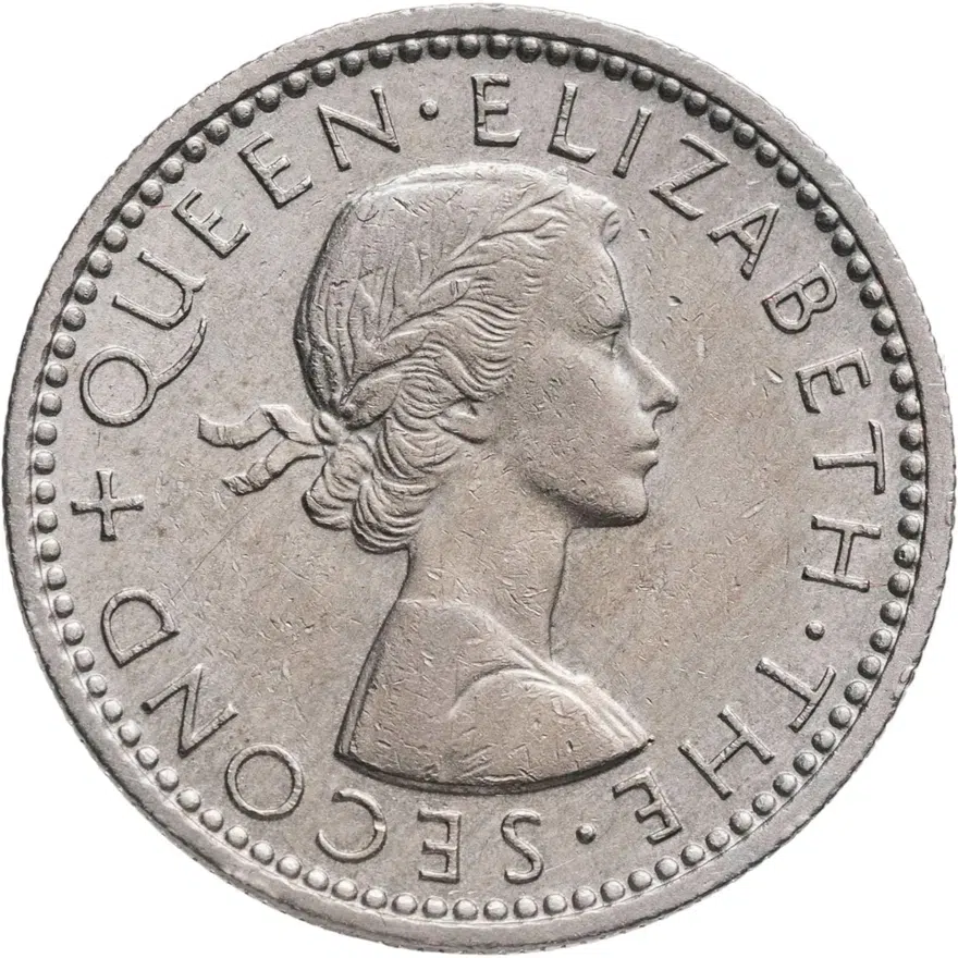 Новая Зеландия 6 пенсов (pence) 1957   с ремнём на плече, аверс