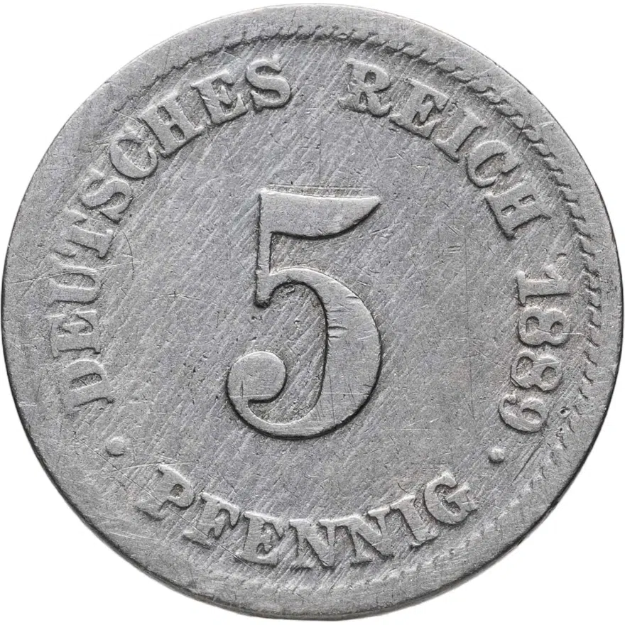 Германия 5 пфеннигов (pfennig) 1889 D  знак монетного двора: "D" - Мюнхен, аверс
