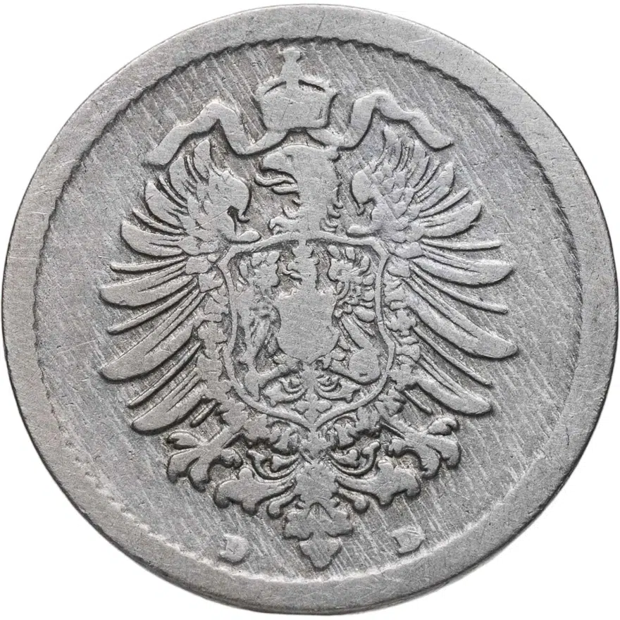 Германия 5 пфеннигов (pfennig) 1889 D  знак монетного двора: "D" - Мюнхен, реверс