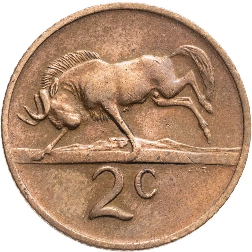 ЮАР 2 цента (cents) 1969  Надпись на языке африкаанс - "SUID-AFRIKA", реверс