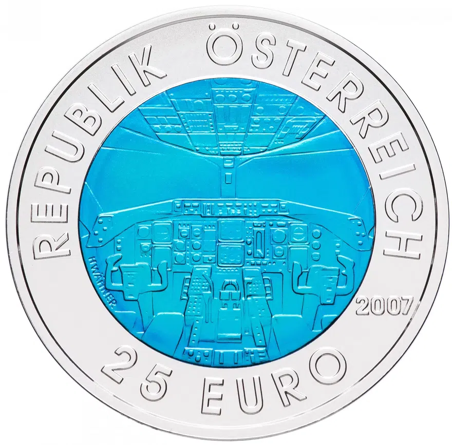 Австрия 25 euro (евро) 2007 "100 лет австрийской авиации" в футляре с сертификатом, реверс