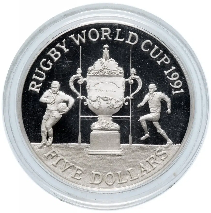 Новая Зеландия 5 долларов (dollars) 1991 Proof "Чемпионат мира по регби"