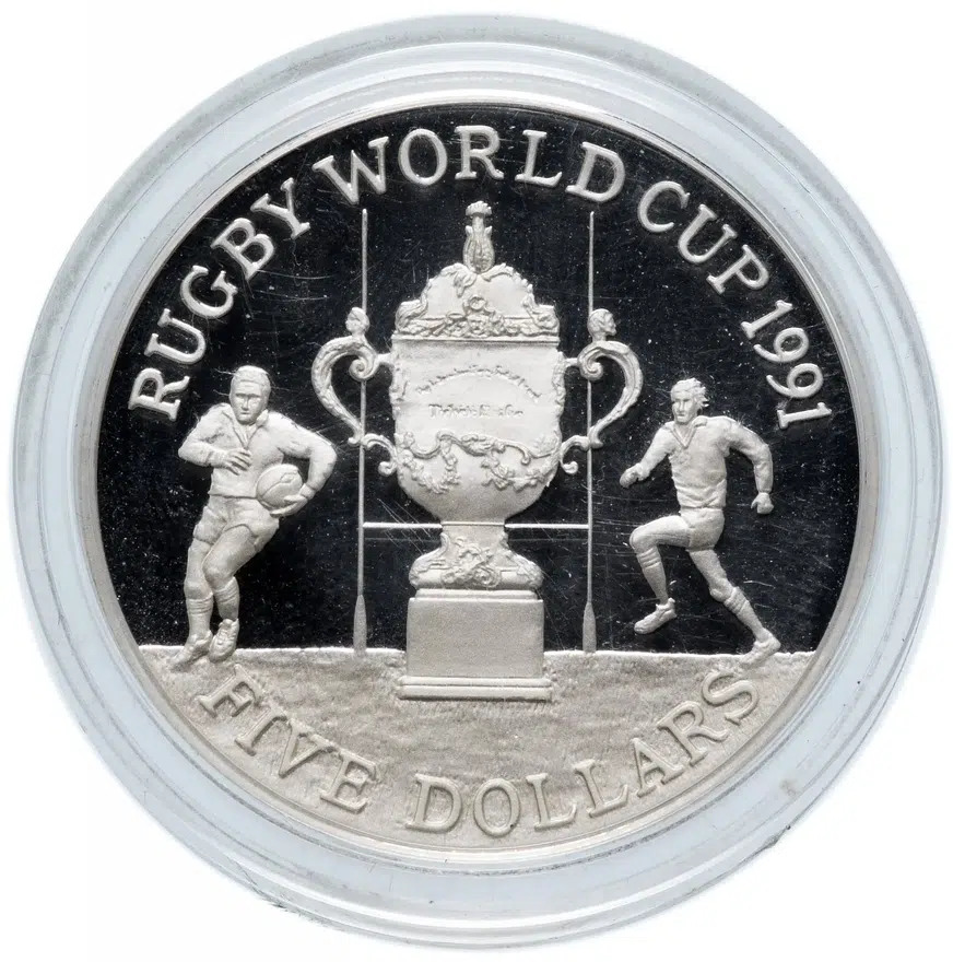 Новая Зеландия 5 долларов (dollars) 1991 Proof "Чемпионат мира по регби", реверс