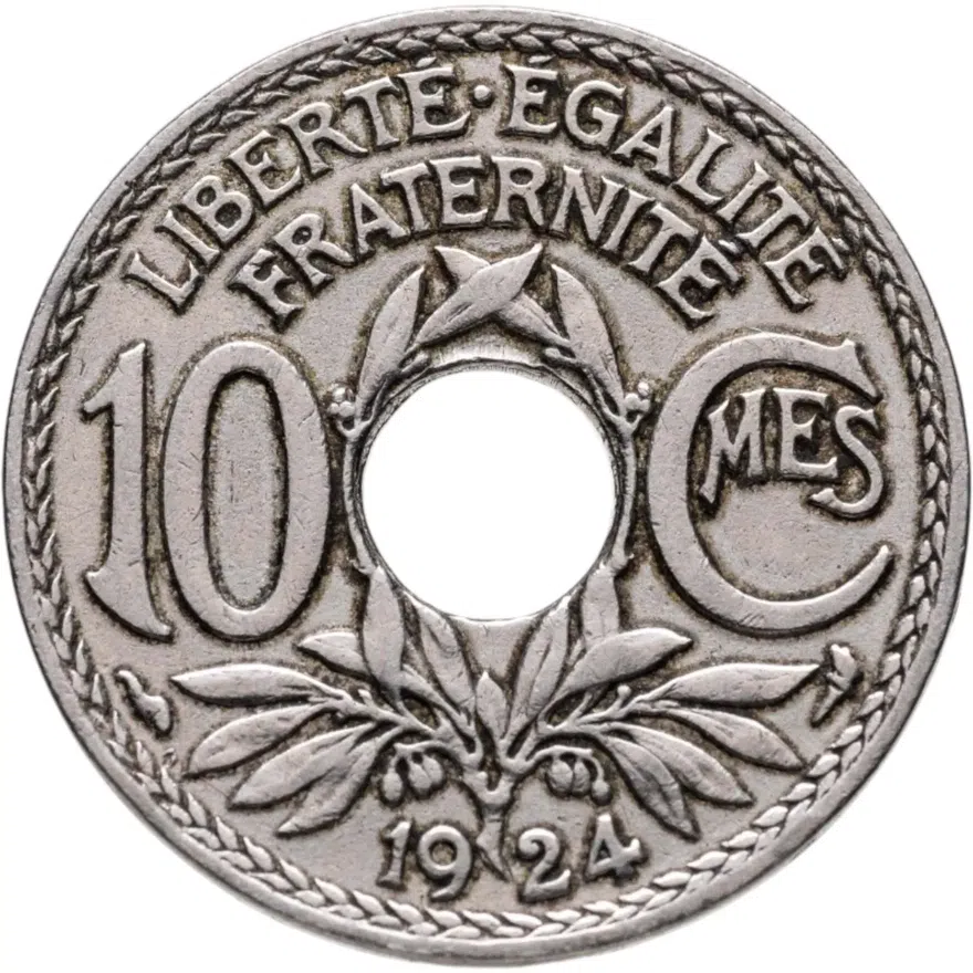 Франция 10 сантимов (centimes) 1924 Молния  знак монетного двора: "Молния" - Пуасси, аверс