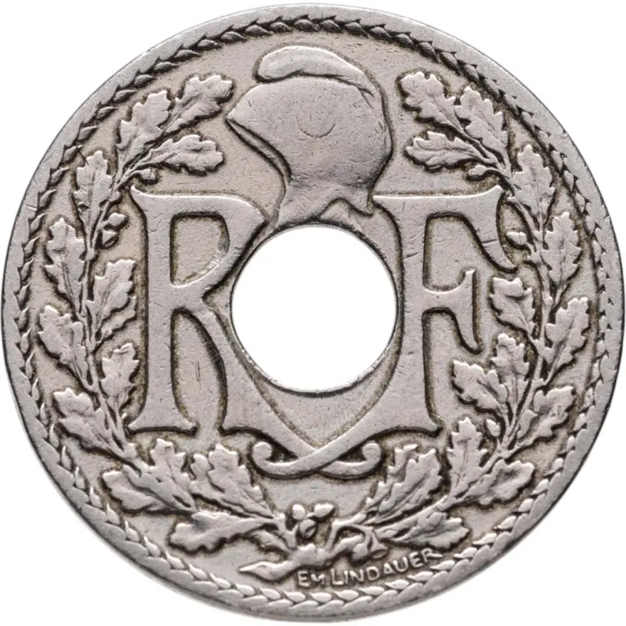Франция 10 сантимов (centimes) 1924 Молния  знак монетного двора: "Молния" - Пуасси, реверс
